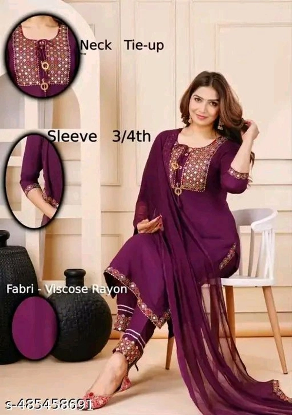 Wonderful Attractive Women Ethnic Partywear And Festival Wear Embroidery Work Purple Color Kurti Pant With Dupatta - Purple, XL