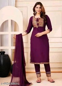 Wonderful Attractive Women Ethnic Partywear And Festival Wear Embroidery Work Purple Color Kurti Pant With Dupatta - Purple, XL