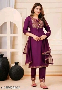 Wonderful Attractive Women Ethnic Partywear And Festival Wear Embroidery Work Purple Color Kurti Pant With Dupatta - Purple, XL