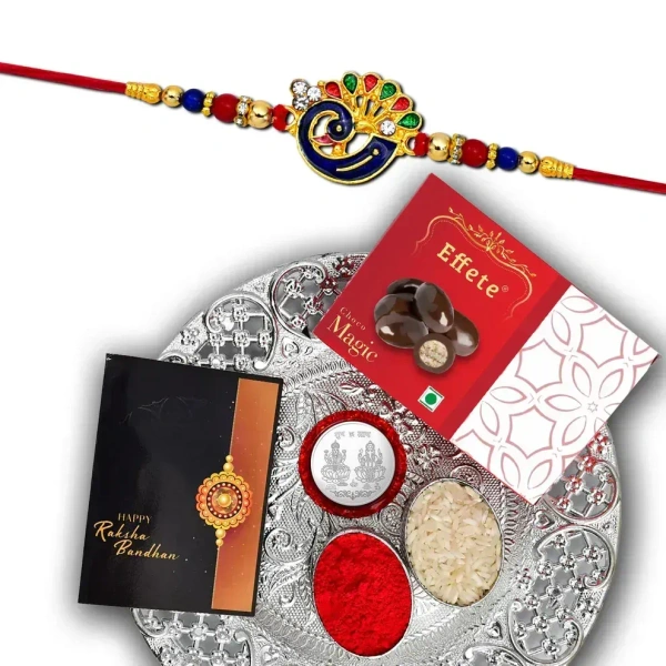 Rakhi For Brother Set Of 1 with Chocolate Magic 32gm & Pooja Thali, Pooja Coin & Greeting Card , Rakhi For Brother And Bhabhi, Rakhi With Chocolate, Rakhi With Gift For Brother, Rakhi For Kids, Rakhi Set, Rakhi Combo, Rakhi With Sweets, brot