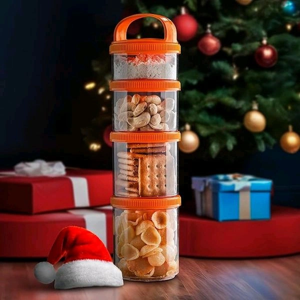 4-in-1 Modular Dry Fruit & Snack Storage Container – Airtight, Stackable Plastic Jars with Easy Carry Handle for Home & Travel Use