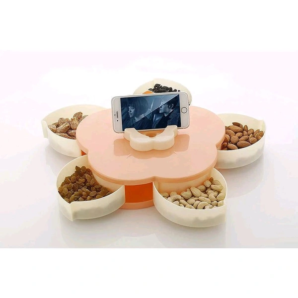 5 Compartments Flower Candy Box Serving Rotating Tray Dry Fruit, Candy, Chocolate, Snacks Storage Box, Dry-Fruit Serving Bowl Tray for Kitchen with Mobile Stand for Office Desk