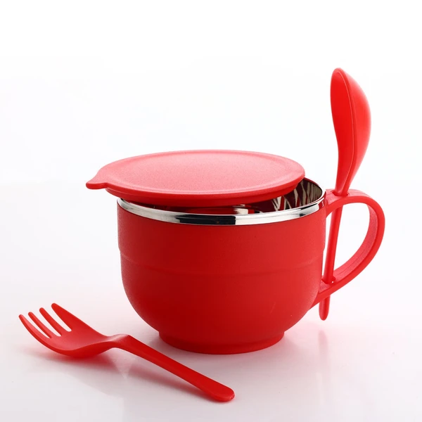 NOODLES & SOUP BOWL WITH SPOON AND FORK HANDLE SPOON HOLDER, STAINLESS STEEL BOWL AND SPOON SET.