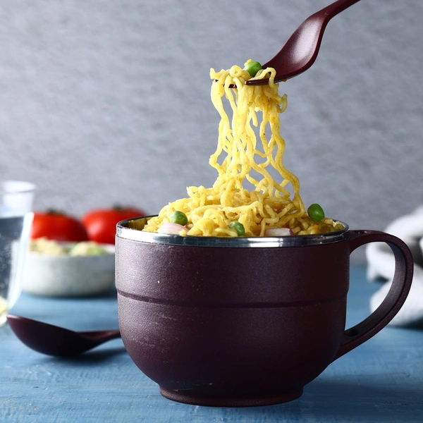 NOODLES & SOUP BOWL WITH SPOON AND FORK HANDLE SPOON HOLDER, STAINLESS STEEL BOWL AND SPOON SET.