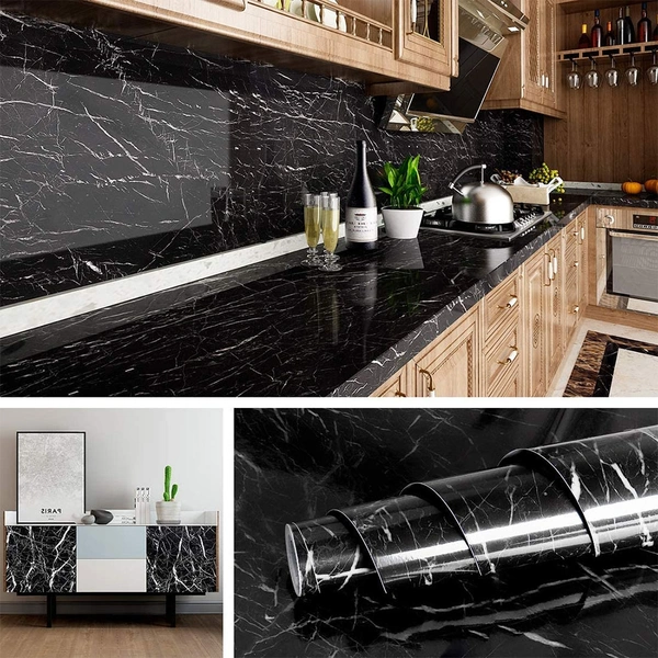 Black Marble Peel and Stick Wallpaper – 60"x200" Waterproof Vinyl Contact Paper for Countertops, Cabinets, Walls & Furniture Renovation