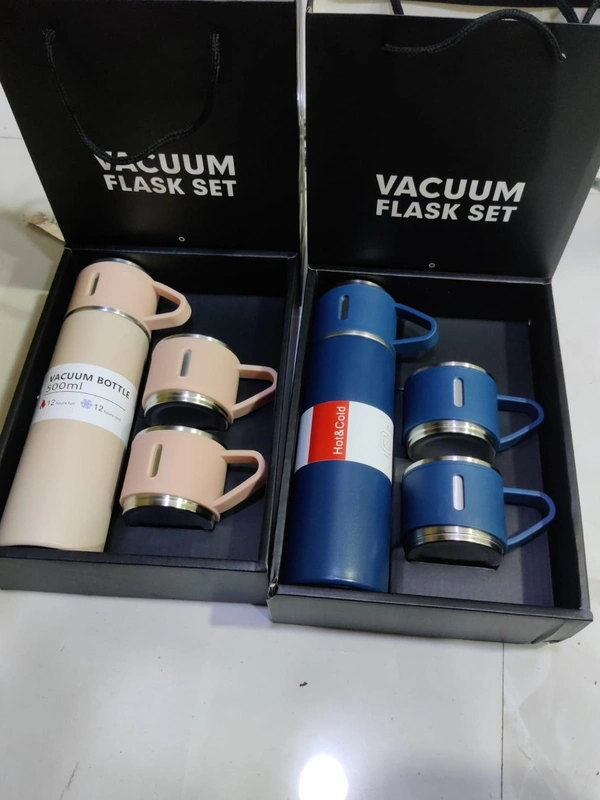 Stainless Steel Thermal Vacuum Flask Set – Double Wall Insulated Bottle with Leakproof Lid & 3 Drinking Cups – Keeps Drinks Hot or Cold for 12 Hours