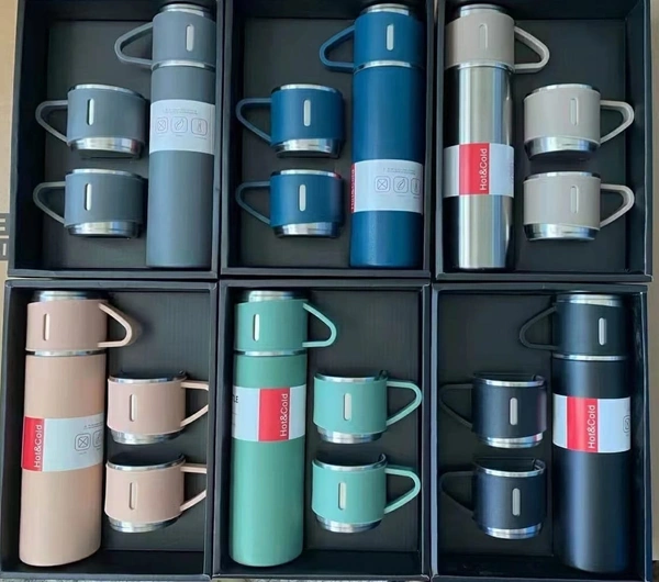 Stainless Steel Thermal Vacuum Flask Set – Double Wall Insulated Bottle with Leakproof Lid & 3 Drinking Cups – Keeps Drinks Hot or Cold for 12 Hours