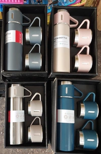 Stainless Steel Thermal Vacuum Flask Set – Double Wall Insulated Bottle with Leakproof Lid & 3 Drinking Cups – Keeps Drinks Hot or Cold for 12 Hours
