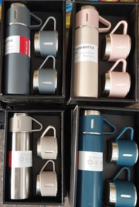 Stainless Steel Thermal Vacuum Flask Set – Double Wall Insulated Bottle with Leakproof Lid & 3 Drinking Cups – Keeps Drinks Hot or Cold for 12 Hours