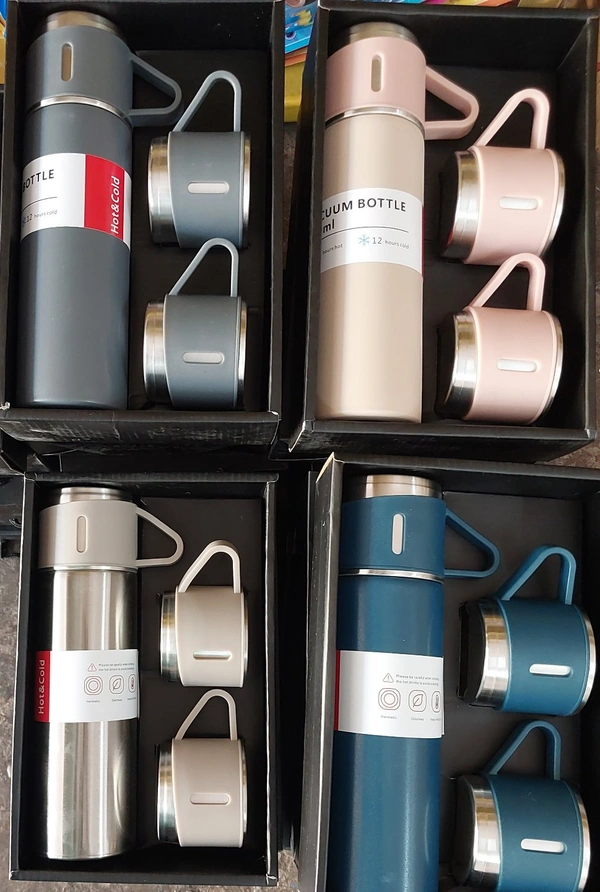 Stainless Steel Thermal Vacuum Flask Set – Double Wall Insulated Bottle with Leakproof Lid & 3 Drinking Cups – Keeps Drinks Hot or Cold for 12 Hours