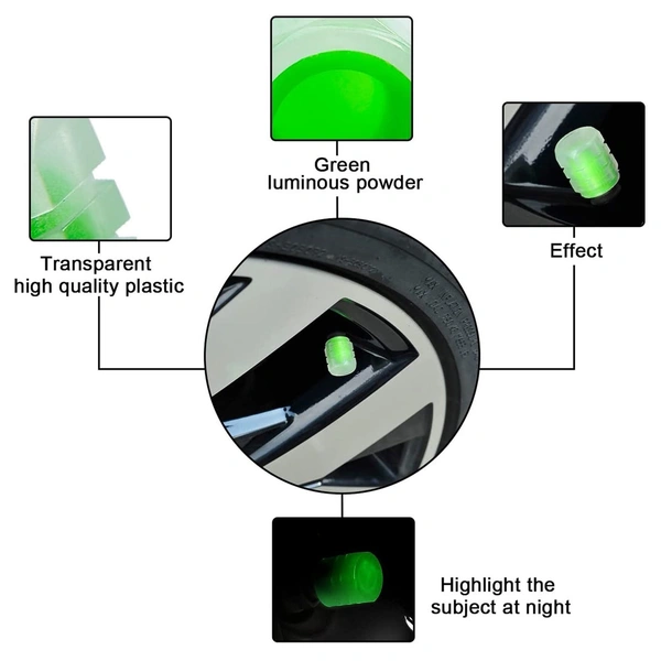 SKVWORLD 4PCS Glow-in-the-Dark Fluorescent Tire Valve Caps – Universal Fit, Luminous Stem Covers for Cars, Bikes & Motorcycles! 