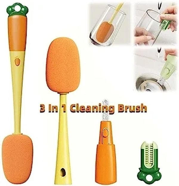 3-In-1 Multifunctional Long Handle Cup Brush Sponge Radish Cleaning Brush Kitchen Cup Milk Bottle Groove Cleaning Tool