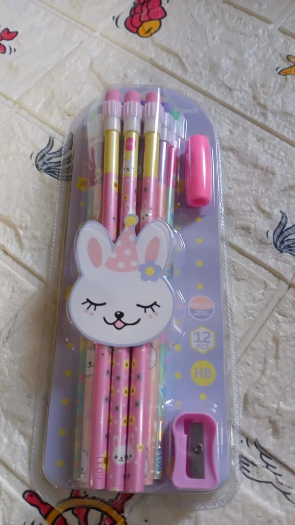 CUTE RABBIT BEAR DRAWING GRAPHITE WRITING PENCIL SET WITH PENCIL SHARPENER & ERASER(14 Pcs Set)