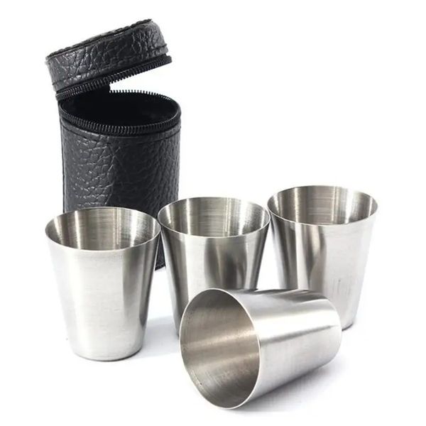 4pcs Set Polished Mini Stainless Steel Glasses With Leather Cover Bag (Small)