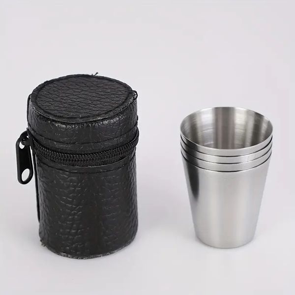 4pcs Set Polished Mini Stainless Steel Shot Glass Cup Drinking Wine Glasses With Leather Cover Bag (Big)
