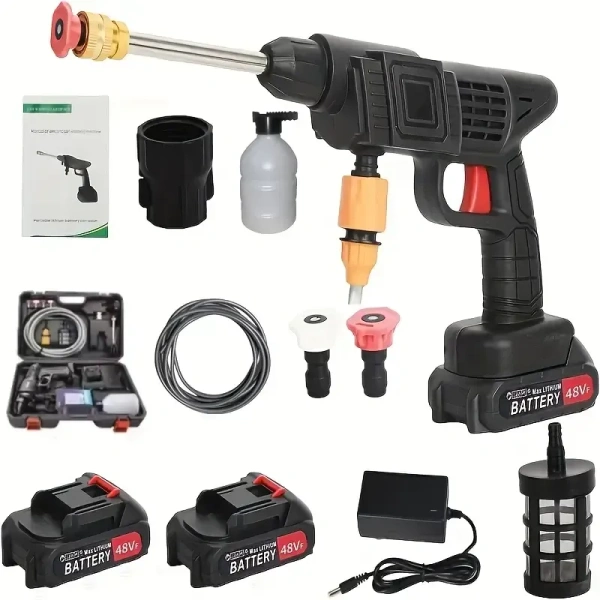 SKVWORLD Portable Car Washing Kit – High-Pressure Cordless Washer with Dual Batteries, 6-in-1 Adjustable Nozzle, and Foam Sprayer for Efficient Vehicle Cleaning