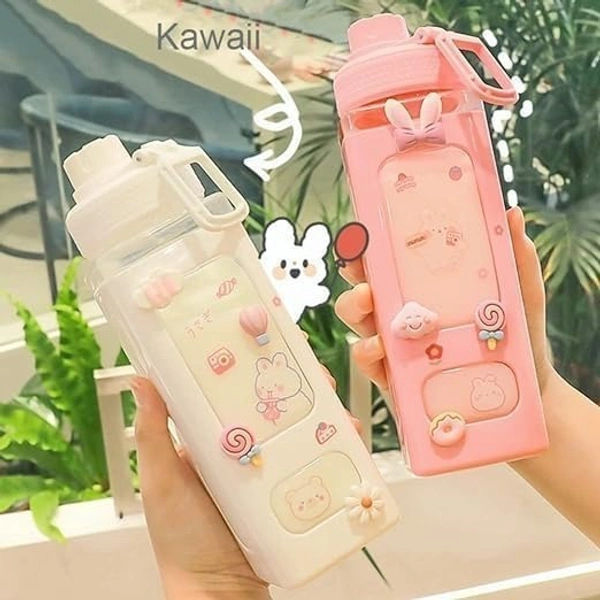 Kawaii Water Bottle with Straw | Reusable Silicone Bottle with 3D Stickers | Cute Gift for Girls (1 Pc)