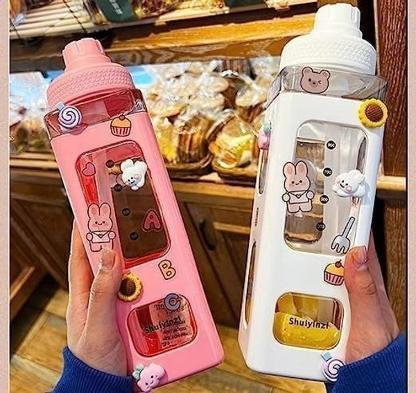 Kawaii Water Bottle with Straw | Reusable Silicone Bottle with 3D Stickers | Cute Gift for Girls (1 Pc)