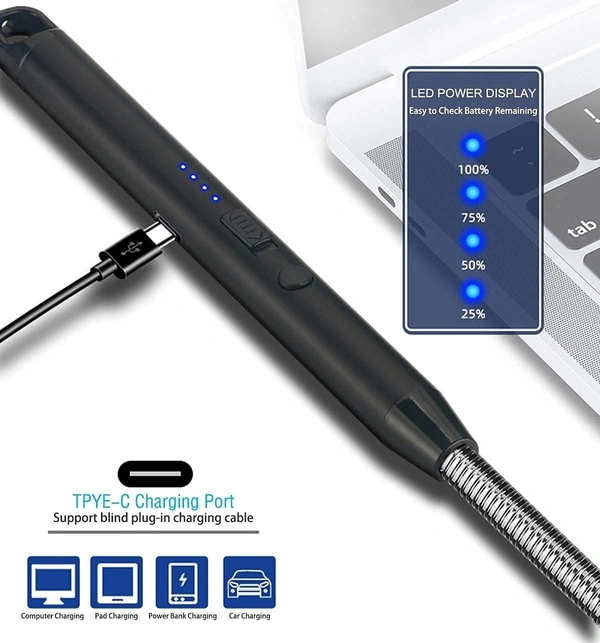 Rechargeable Electric Gas Lighter for Kitchen, Pooja Room, Candles, BBQ, Cigars, Multi Purpose - 360 Degree Flexible & Windproof