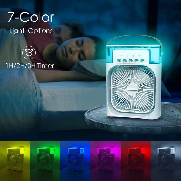  SKVWORLD Portable USB Mini Air Cooler – Personal Evaporative Cooler with 7-Color LED Lights and Adjustable Wind Speeds for Office, Bedroom, and Travel