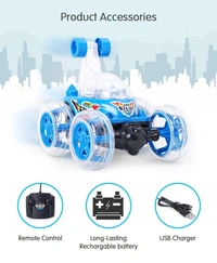 360° Rotating RC Stunt Car – Rechargeable Remote Control Car with Lights & Music, Off-Road Drift & Jumping Vehicle for Kids