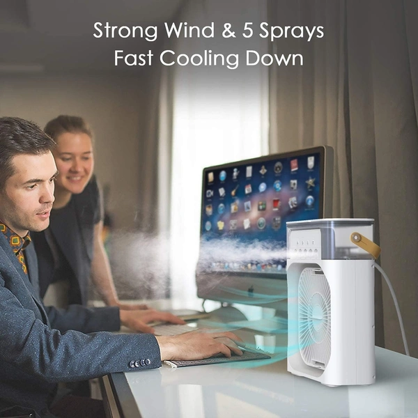  SKVWORLD Portable USB Mini Air Cooler – Personal Evaporative Cooler with 7-Color LED Lights and Adjustable Wind Speeds for Office, Bedroom, and Travel