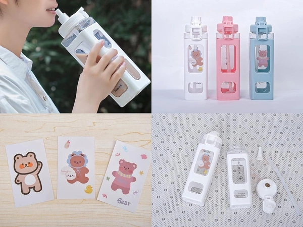 Kawaii Water Bottle with Straw | Reusable Silicone Bottle with 3D Stickers | Cute Gift for Girls (1 Pc)