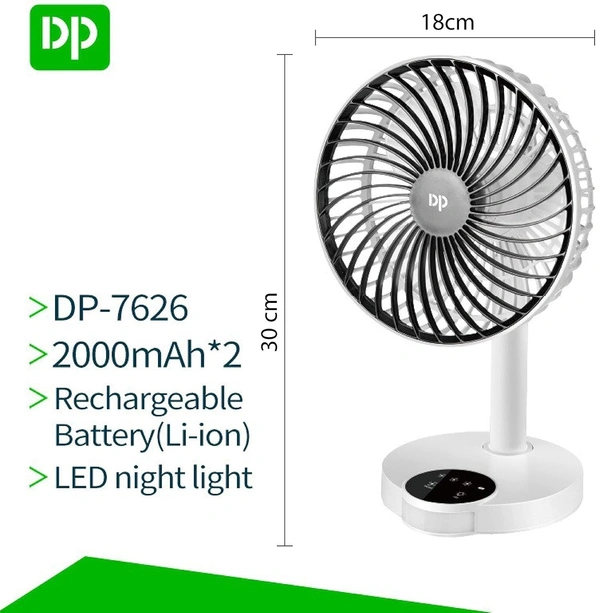 DP 7626 (Rechargeable Table Fan) 4000Mah, With Led Night Light Usb Fan
