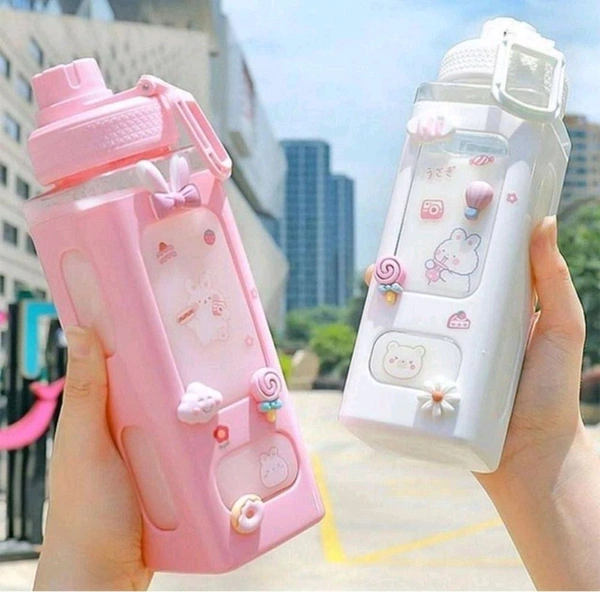 Kawaii Water Bottle with Straw | Reusable Silicone Bottle with 3D Stickers | Cute Gift for Girls (1 Pc)