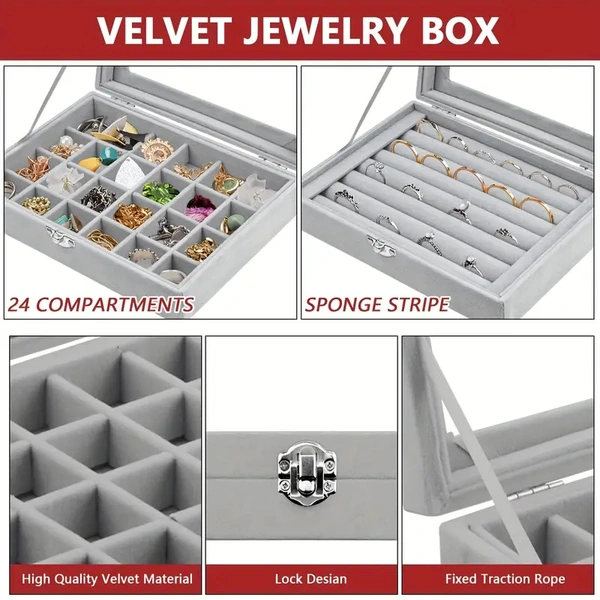 SKVWORLD Velvet Jewellery Box – 24 Grids Glass Lid Organizer for Rings, Earrings & Necklaces | Adjustable Storage Compartments | Elegant Display & Safe Storage