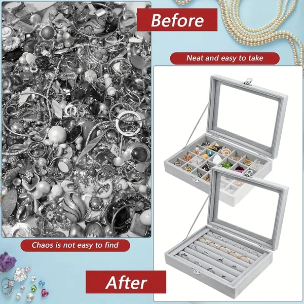 SKVWORLD Velvet Jewellery Box – 24 Grids Glass Lid Organizer for Rings, Earrings & Necklaces | Adjustable Storage Compartments | Elegant Display & Safe Storage