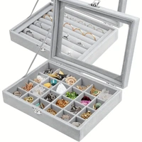 SKVWORLD Velvet Jewellery Box – 24 Grids Glass Lid Organizer for Rings, Earrings & Necklaces | Adjustable Storage Compartments | Elegant Display & Safe Storage