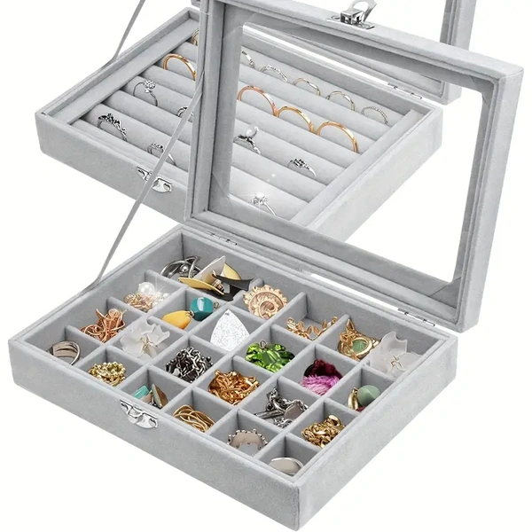 SKVWORLD Velvet Jewellery Box – 24 Grids Glass Lid Organizer for Rings, Earrings & Necklaces | Adjustable Storage Compartments | Elegant Display & Safe Storage