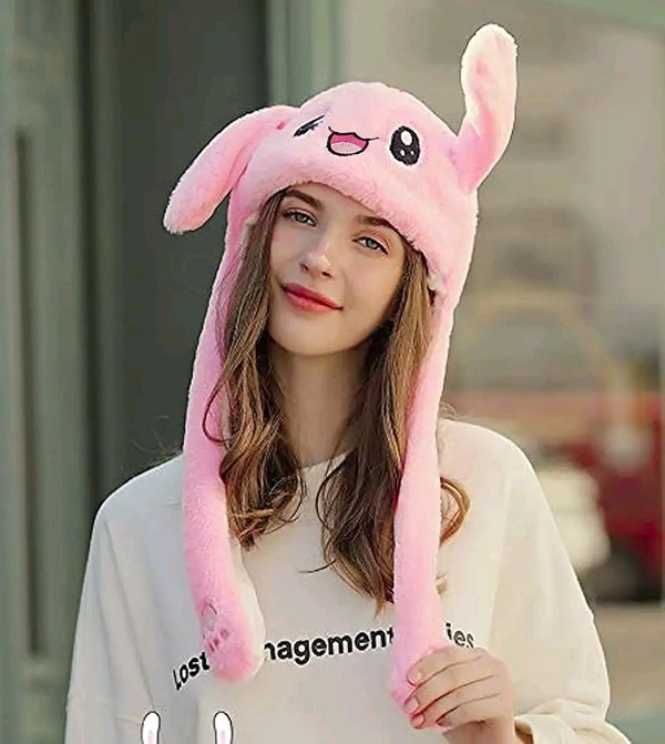 Plush Animal Bunny Dancing Ears Hat, Rabbit Moving Ear Flaps and Press Paws for Girls Women Kids (Random Colour)