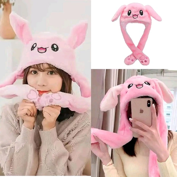 Plush Animal Bunny Dancing Ears Hat, Rabbit Moving Ear Flaps and Press Paws for Girls Women Kids (Random Colour)
