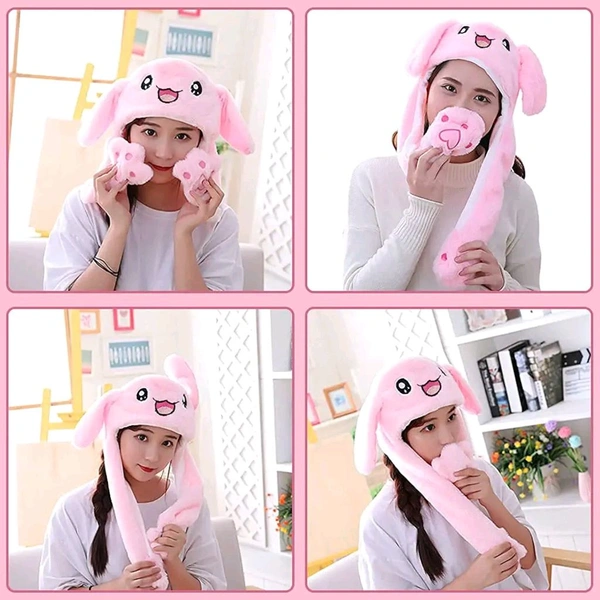 Plush Animal Bunny Dancing Ears Hat, Rabbit Moving Ear Flaps and Press Paws for Girls Women Kids (Random Colour)