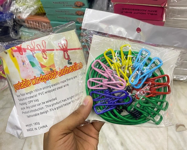 🧺 Multi-Color Stretchable Clothesline with 12 Clips & 2 Hooks – Strong, Portable & Durable! 