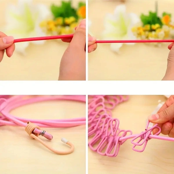 🧺 Multi-Color Stretchable Clothesline with 12 Clips & 2 Hooks – Strong, Portable & Durable! 