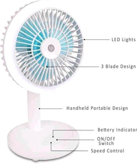DP-7632 Rechargeable USB Fan – 3-Speed, LED Light, 4000mAh Battery, Portable Table Fan