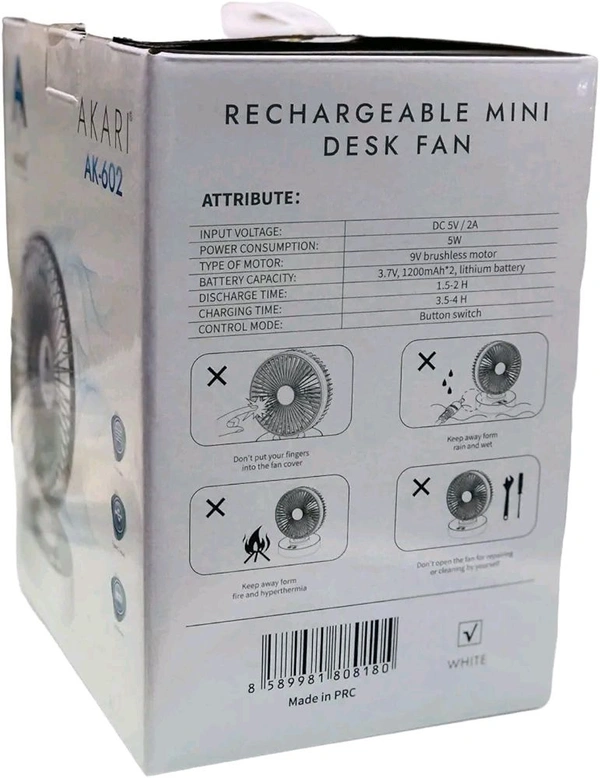 Akari AK-606 Rechargeable Mini Desk Fan – 6" Portable Table Fan, USB Charging, and 3-Speed Settings
