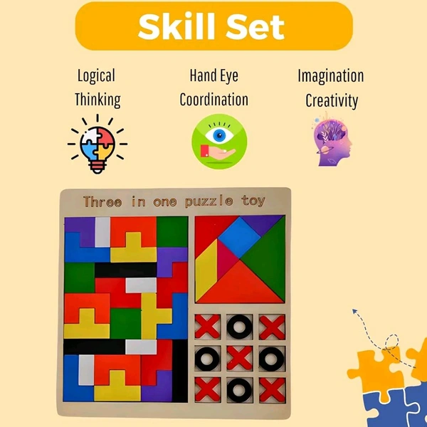  3 in 1 Puzzle Toy for Kids/Toddler Educational Puzzle Tangram Game Chess XO Tic-tac-Toe Building Blocks Early Education Toy Brain Games for Kids of 3 to 6 Years