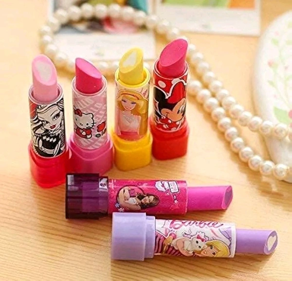 Birthday Return Gift Item for Kids Cartoon Printed Lipistick Shape Non - Toxic Eraser for Kids Girls.