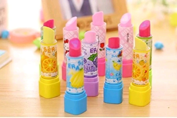Birthday Return Gift Item for Kids Cartoon Printed Lipistick Shape Non - Toxic Eraser for Kids Girls.