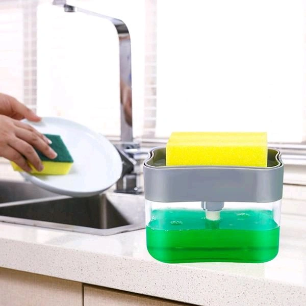 LIQUID SOAP DISPENSER ON COUNTERTOP WITH SPONGE HOLDER