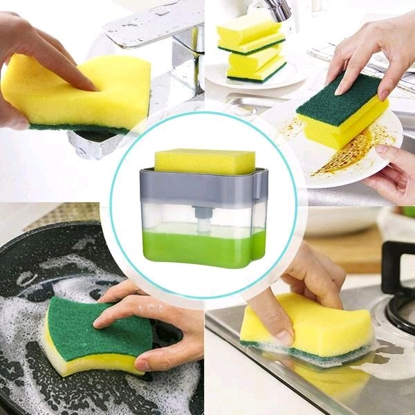 LIQUID SOAP DISPENSER ON COUNTERTOP WITH SPONGE HOLDER