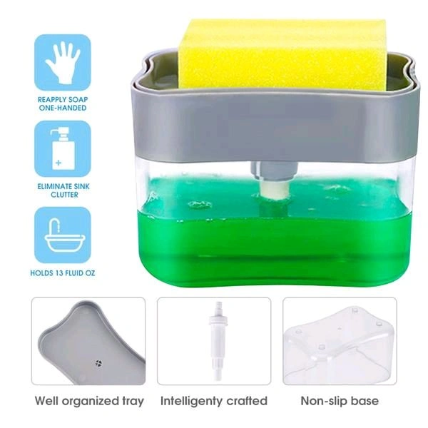 LIQUID SOAP DISPENSER ON COUNTERTOP WITH SPONGE HOLDER