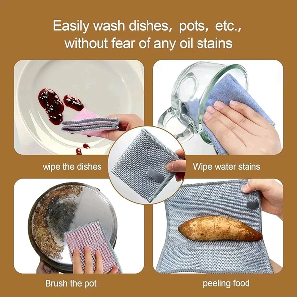 Non Scratch Dish Wash Cloth - Multipurpose Dual Side Wire & Microfiber Dishwashing Rags for Wet and Dry, Easy Rinsing, Reusable Cleaning Cloth for Kitchen, Sinks (New Dish Wash Cloth
