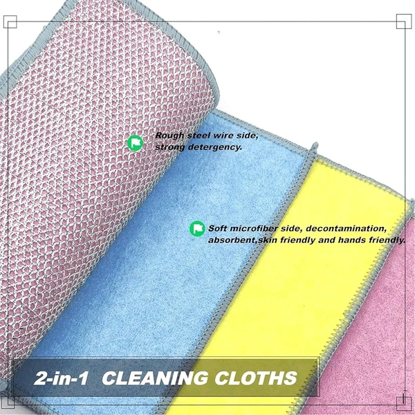Non Scratch Dish Wash Cloth - Multipurpose Dual Side Wire & Microfiber Dishwashing Rags for Wet and Dry, Easy Rinsing, Reusable Cleaning Cloth for Kitchen, Sinks (New Dish Wash Cloth