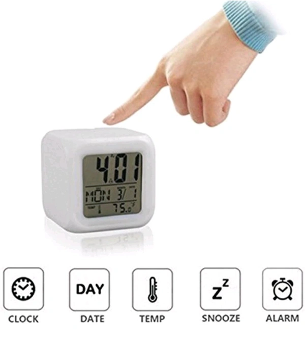 7-Color Changing LED Digital Alarm Clock with Time, Date, Temperature Display & Alarm – Backlit LCD Screen, Snooze Function & Dual Power Options | SKVWORLD