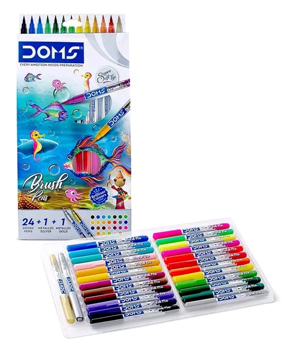 DOMS BIG Brush Pens | 26 Vibrant Shades | Flexible Brush Tip for Smooth Painting & Calligraphy | Non-Toxic & Safe for Kids & Artists | Perfect for Drawing, Shading & Blending